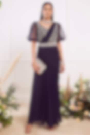 Midnight Blue Georgette Draped Wedding Saree Set by Seema Thukral at Pernia's Pop Up Shop