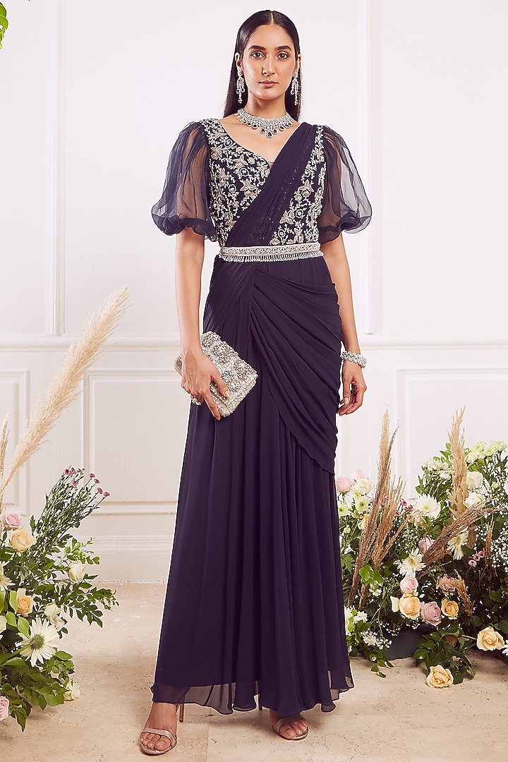 Midnight Blue Georgette Draped Wedding Saree Set by Seema Thukral at Pernia's Pop Up Shop