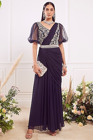 Midnight Blue Georgette Draped Saree Set by Seema Thukral