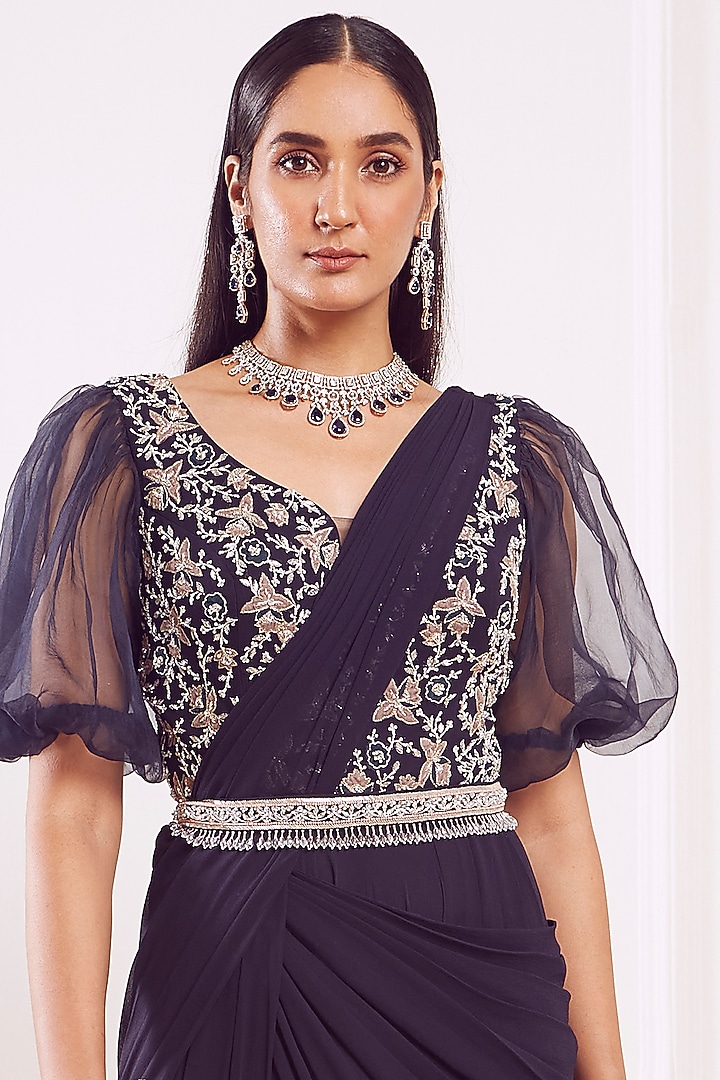 Midnight Blue Georgette Draped Wedding Saree Set by Seema Thukral at Pernia's Pop Up Shop