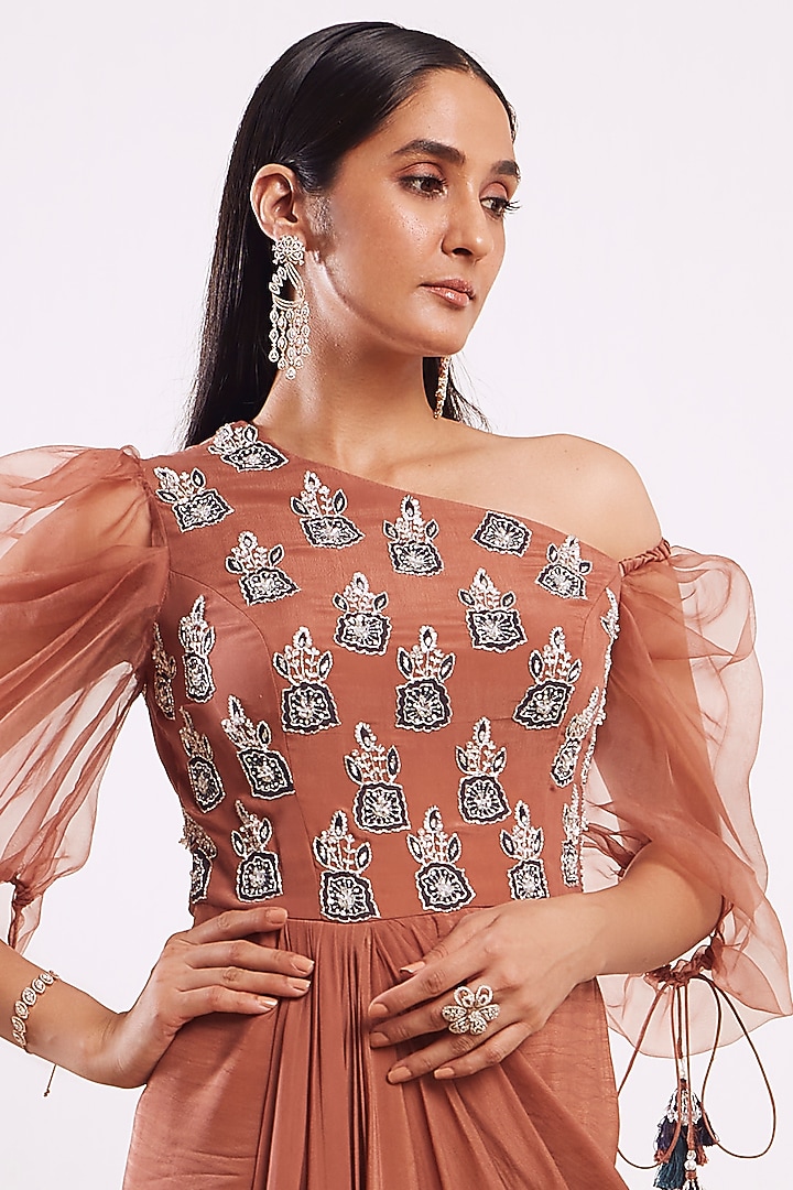 Brown Sequins Hand Embroidered Draped Cocktail Dress by Seema Thukral at Pernia's Pop Up Shop