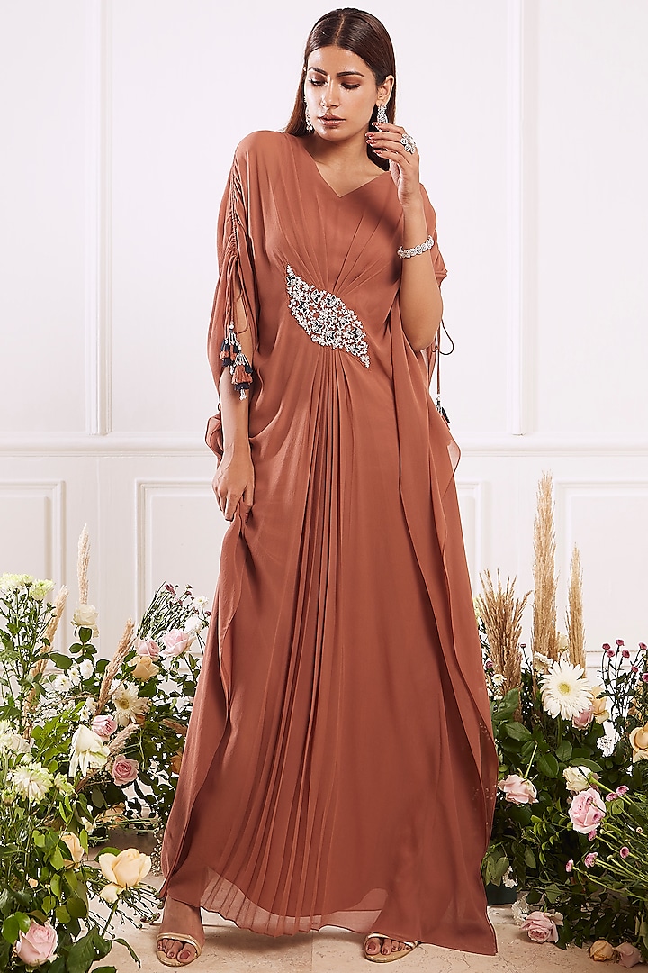 Brown Crystals Embroidered Kaftan by Seema Thukral at Pernia's Pop Up Shop