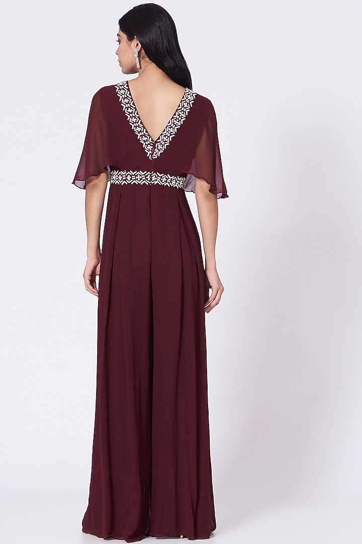 Maroon Hand Embroidered Jumpsuit by Seema Thukral at Pernia's Pop Up Shop