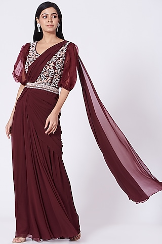 Maroon Draped Concept Saree Set by Seema Thukral