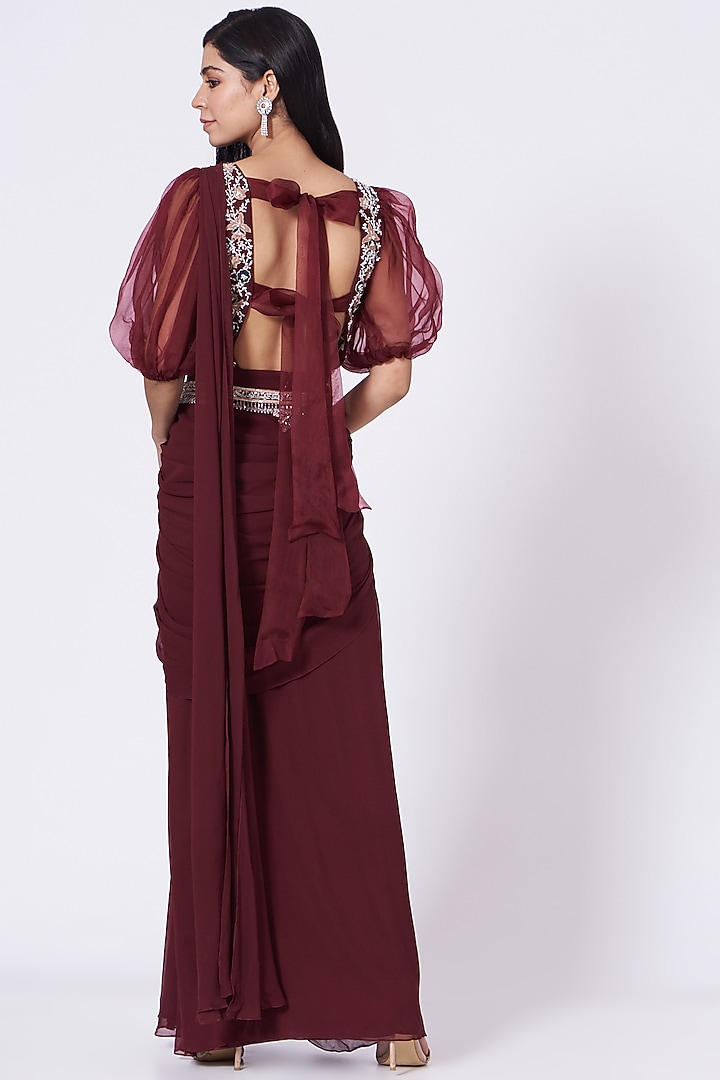 Maroon Draped Concept Wedding Saree Set by Seema Thukral at Pernia's Pop Up Shop