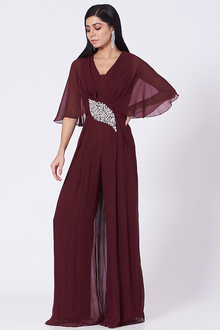 Maroon Sequins Hand Embroidered Jumpsuit by Seema Thukral at Pernia's Pop Up Shop