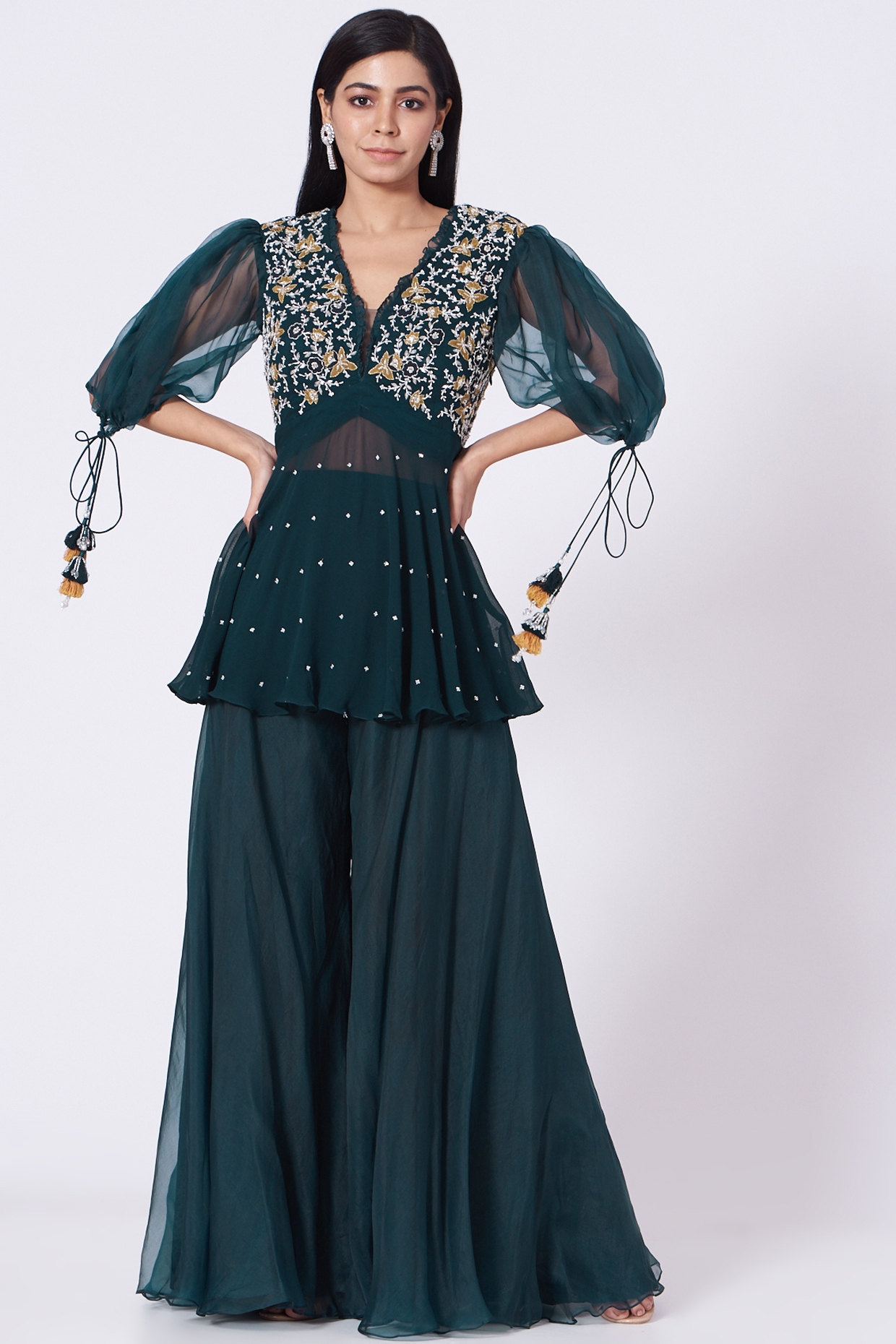 Teal Green Flared Pant Set by Seema Thukral at Pernia's Pop Up Shop