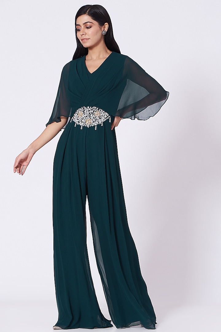 Teal Green Hand Embroidered Jumpsuit by Seema Thukral