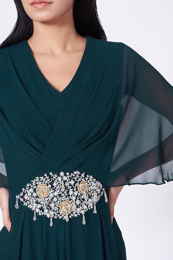 Teal Green Hand Embroidered Jumpsuit by Seema Thukral at Pernia's Pop Up Shop