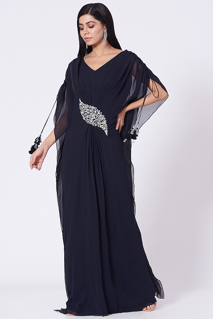 Navy Blue Hand Embroidered Kaftan by Seema Thukral at Pernia's Pop Up Shop