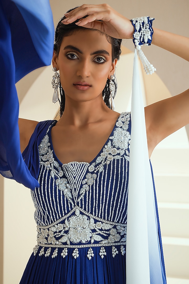 Electric Blue Embroidered Wedding Anarkali Set by Seema Thukral at Pernia's Pop Up Shop