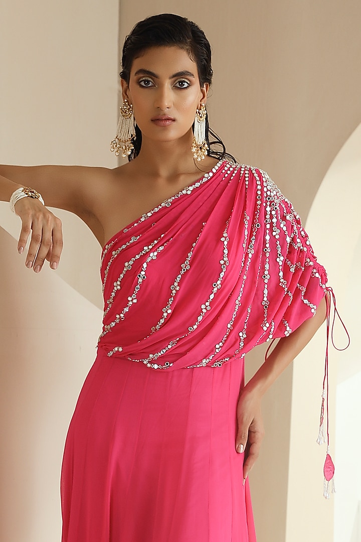 Hot Pink Embroidered Draped Wedding Anarkali by Seema Thukral at Pernia's Pop Up Shop