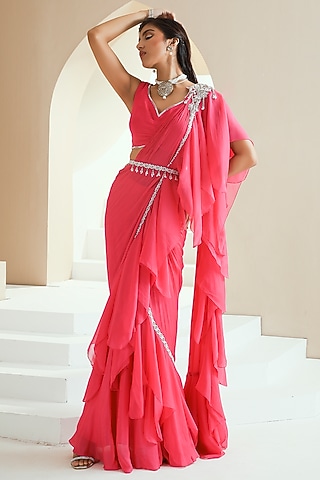 Hot Pink Chiffon Hand Embroidered Pre-Stitched Ruffled Saree Set by Seema Thukral