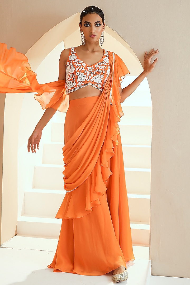Orange Embroidered Sharara Saree Set by Seema Thukral