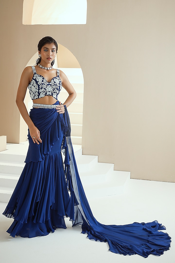 Electric Blue Embroidered Pre-Stitched Saree Set by Seema Thukral at Pernia's Pop Up Shop