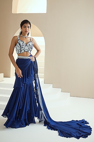 Electric Blue Embroidered Pre-Stitched Saree Set by Seema Thukral