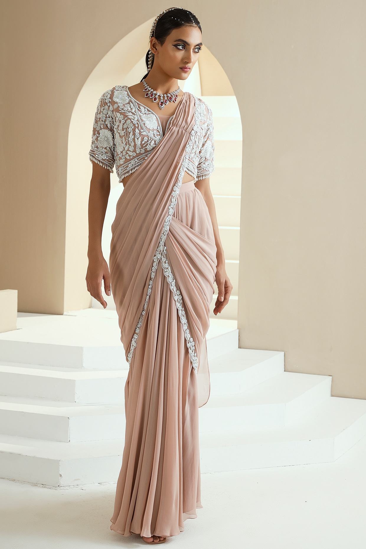 Buy Coral pre stitched drape saree by Designer Sanya Gulati