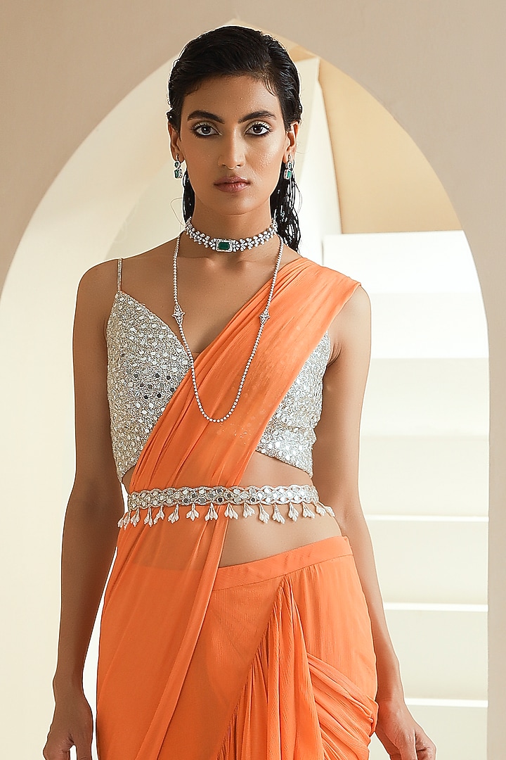 Orange Embroidered Pre-Stitched Wedding Saree Set by Seema Thukral at Pernia's Pop Up Shop