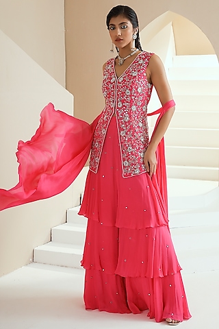 Hot Pink Crepe Layered Sharara Set by Seema Thukral