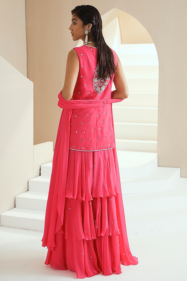 Hot Pink Crepe Layered Wedding Sharara Set by Seema Thukral at Pernia's Pop Up Shop