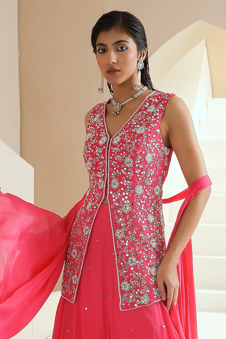 Hot Pink Crepe Layered Wedding Sharara Set by Seema Thukral at Pernia's Pop Up Shop