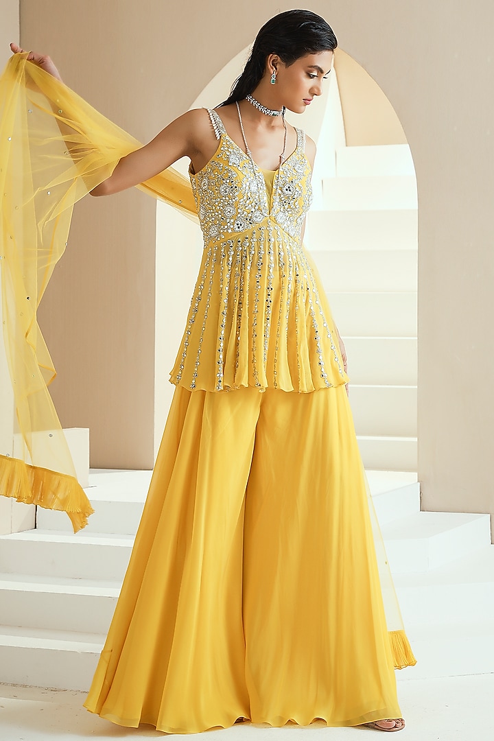 Yellow Crepe Sharara Set by Seema Thukral