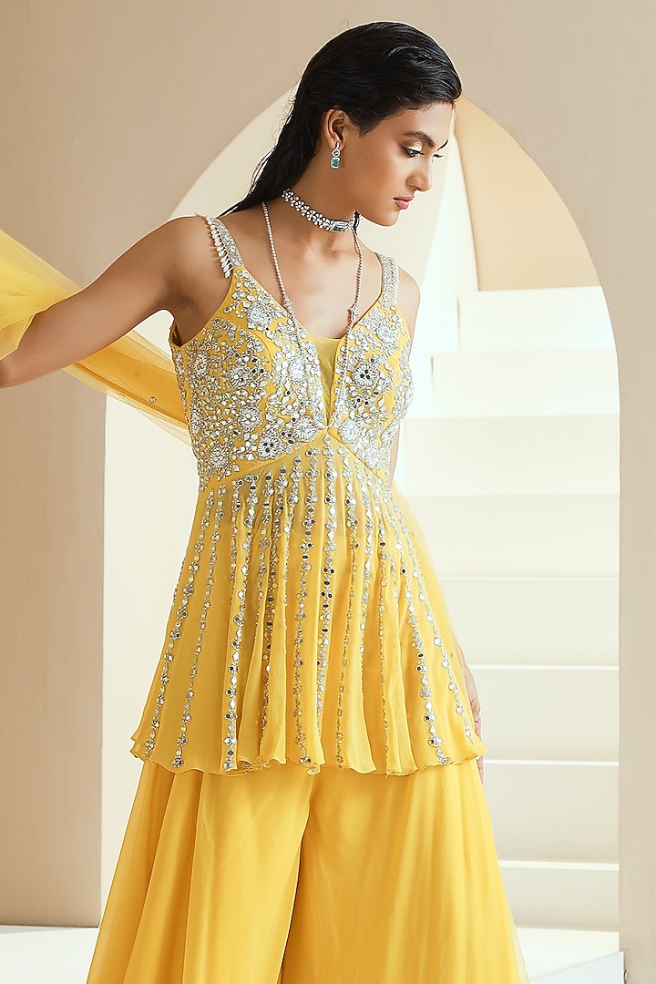 Yellow Crepe Wedding Sharara Set by Seema Thukral at Pernia's Pop Up Shop