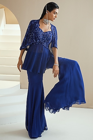 Electric Blue Embroidered Cape Set by Seema Thukral