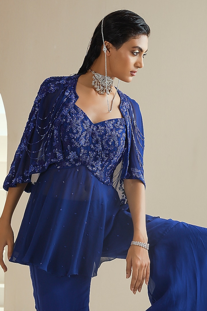 Electric Blue Embroidered Cape Set by Seema Thukral at Pernia's Pop Up Shop
