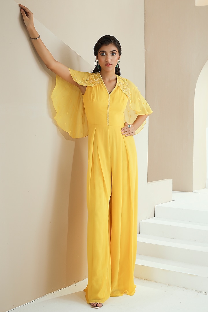 Yellow Embroidered Jumpsuit by Seema Thukral