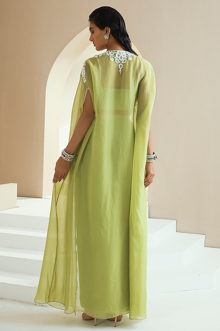 Green Georgette Skirt Set With Cape by Seema Thukral at Pernia's Pop Up Shop