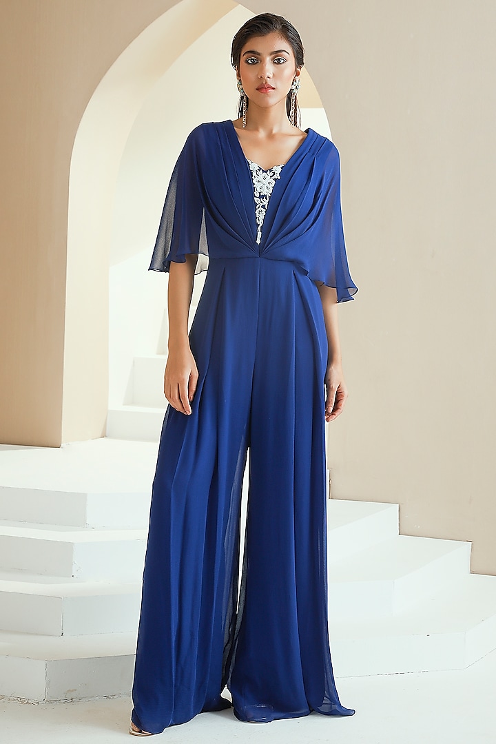 Electric Blue Embroidered Draped Jumpsuit by Seema Thukral