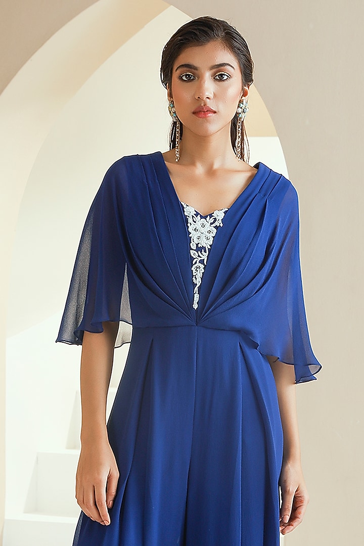 Electric Blue Embroidered Draped Jumpsuit by Seema Thukral at Pernia's Pop Up Shop