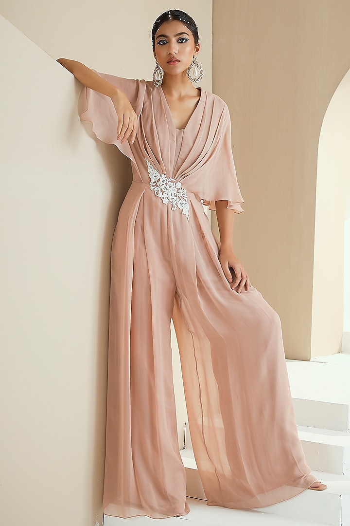 Champagne Embellished Draped Jumpsuit by Seema Thukral