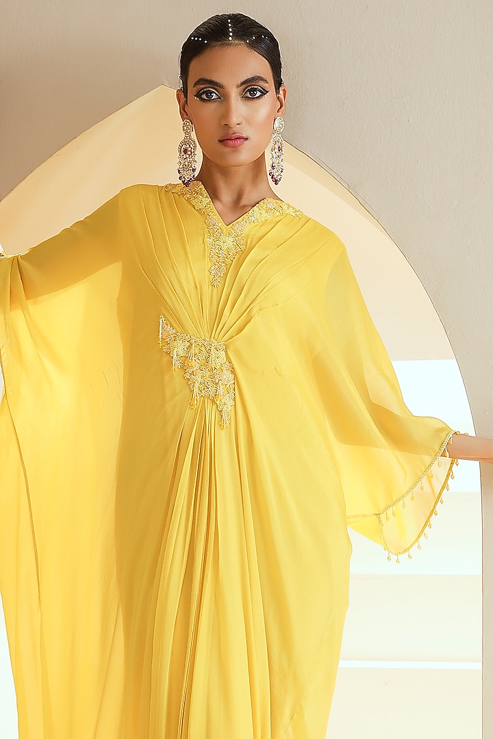 Yellow Embroidered Kaftan by Seema Thukral at Pernia's Pop Up Shop