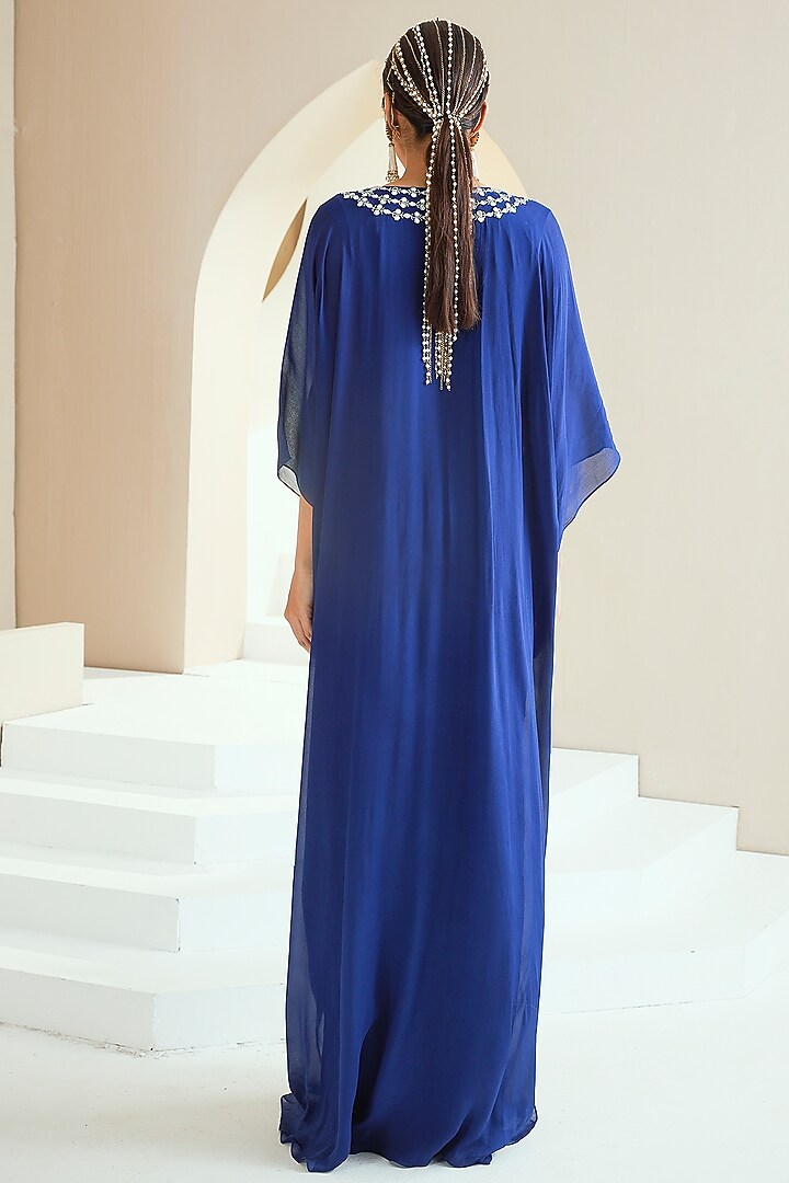 Electric Blue Embroidered Kaftan by Seema Thukral at Pernia's Pop Up Shop