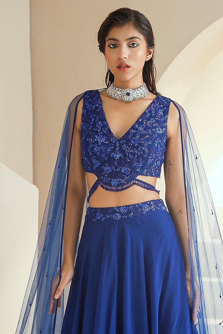Electric Blue Organza Wedding Lehenga Set by Seema Thukral at Pernia's Pop Up Shop