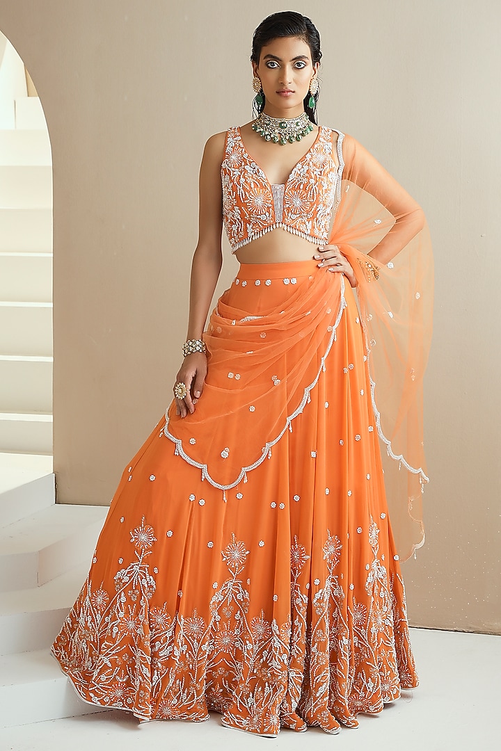 Orange Embroidered Wedding Lehenga Set by Seema Thukral at Pernia's Pop Up Shop