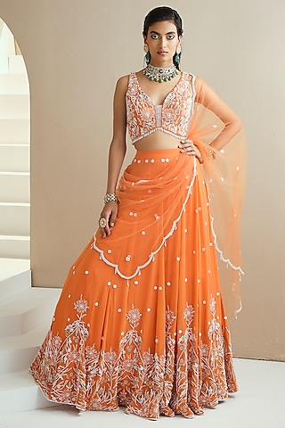 Orange Embroidered Lehenga Set by Seema Thukral