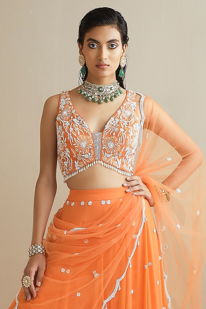 Orange Embroidered Wedding Lehenga Set by Seema Thukral at Pernia's Pop Up Shop