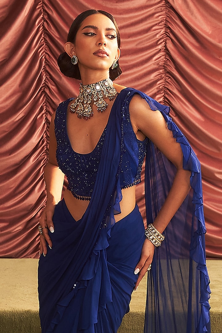 Electric Blue Georgette Pre-Draped Ruffled Wedding Saree Set by Seema Thukral at Pernia's Pop Up Shop