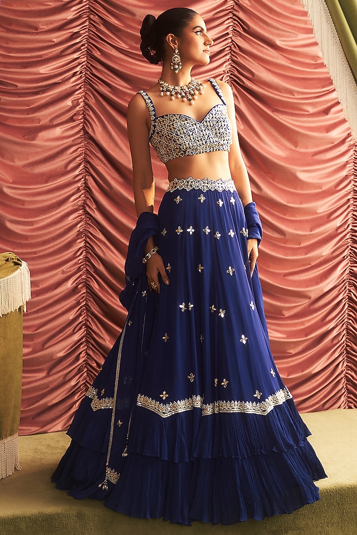 Electric Blue Georgette Hand Embroidered Wedding Lehenga Set by Seema Thukral at Pernia's Pop Up Shop