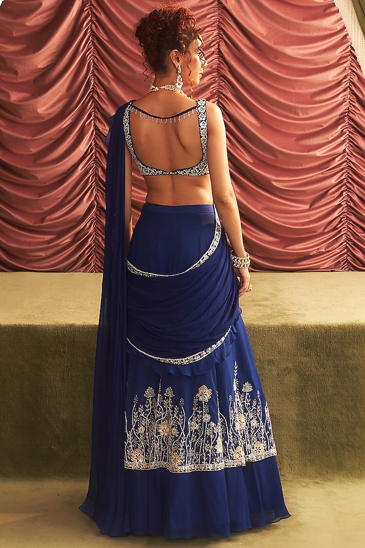 Electric Blue Georgette Hand Embroidered Pre-Draped Wedding Lehenga Saree Set by Seema Thukral at Pernia's Pop Up Shop
