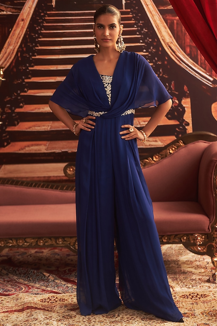 Electric Blue Georgette Embellished Draped Jumpsuit by Seema Thukral at Pernia's Pop Up Shop