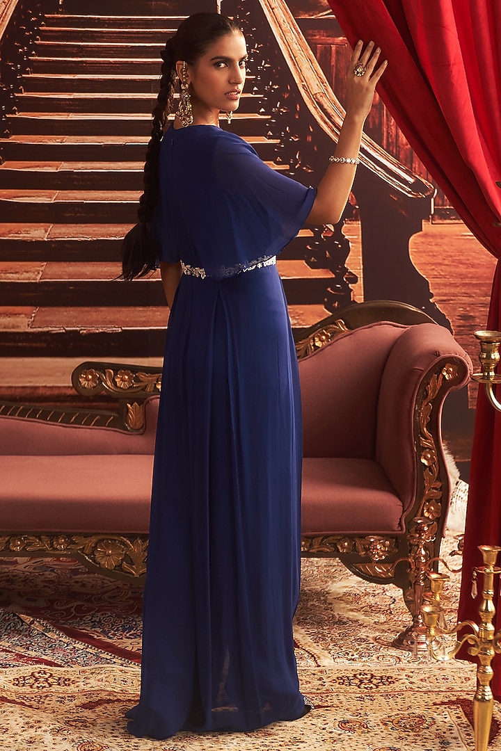 Electric Blue Georgette Embellished Draped Jumpsuit by Seema Thukral at Pernia's Pop Up Shop