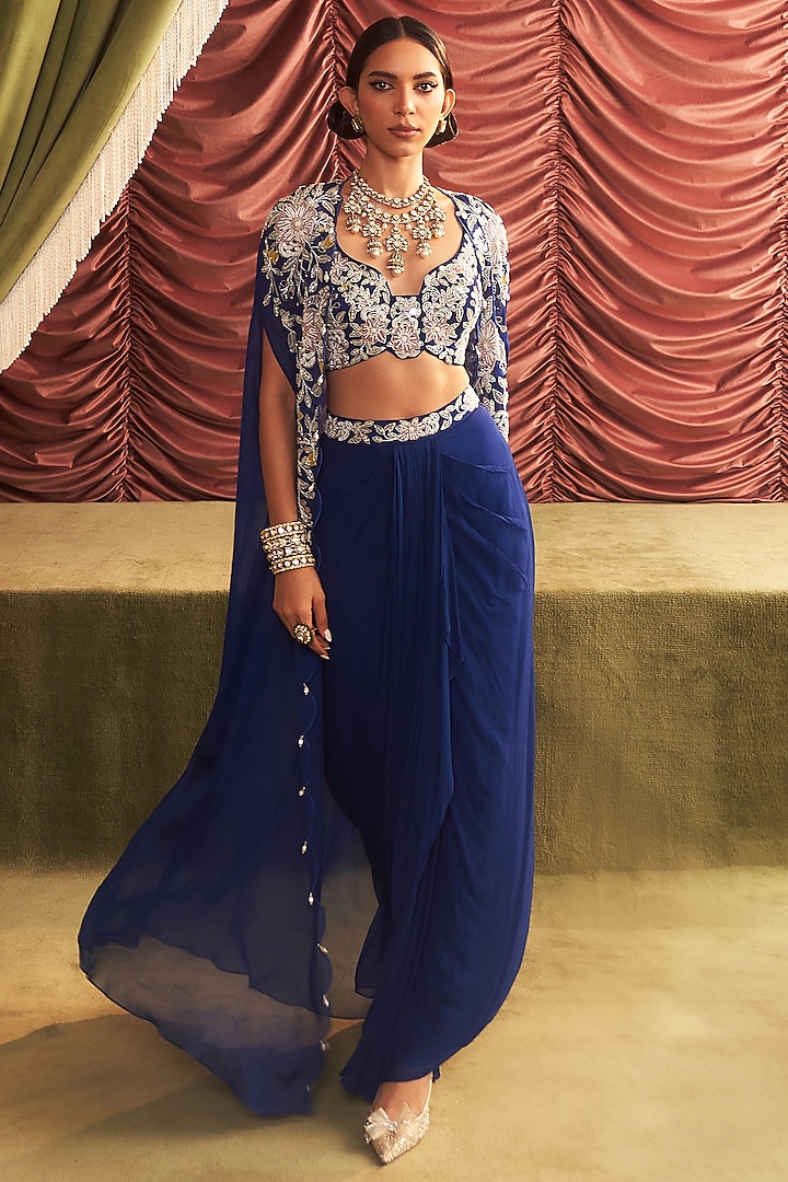 Electric Blue Georgette Embellished Draped Skirt Set by Seema Thukral at Pernia's Pop Up Shop