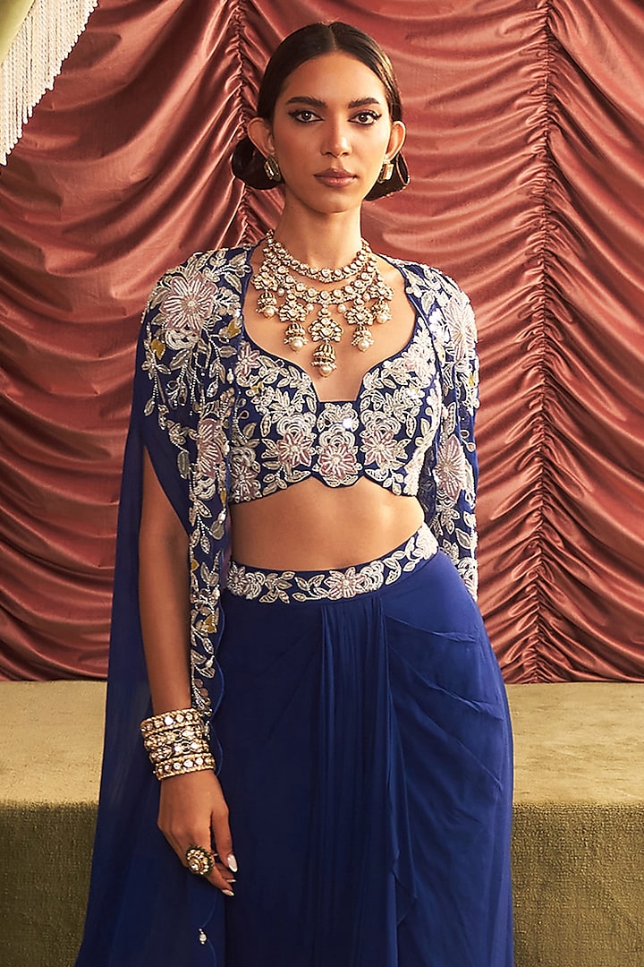 Electric Blue Georgette Embellished Draped Skirt Set by Seema Thukral at Pernia's Pop Up Shop