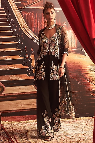 Black Georgette Embellished Peplum Kurta Set by Seema Thukral