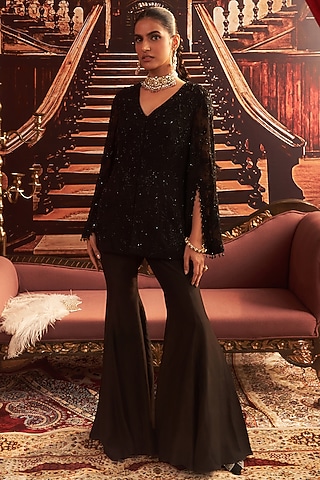 Black Georgette Embellished Jacket Set by Seema Thukral at