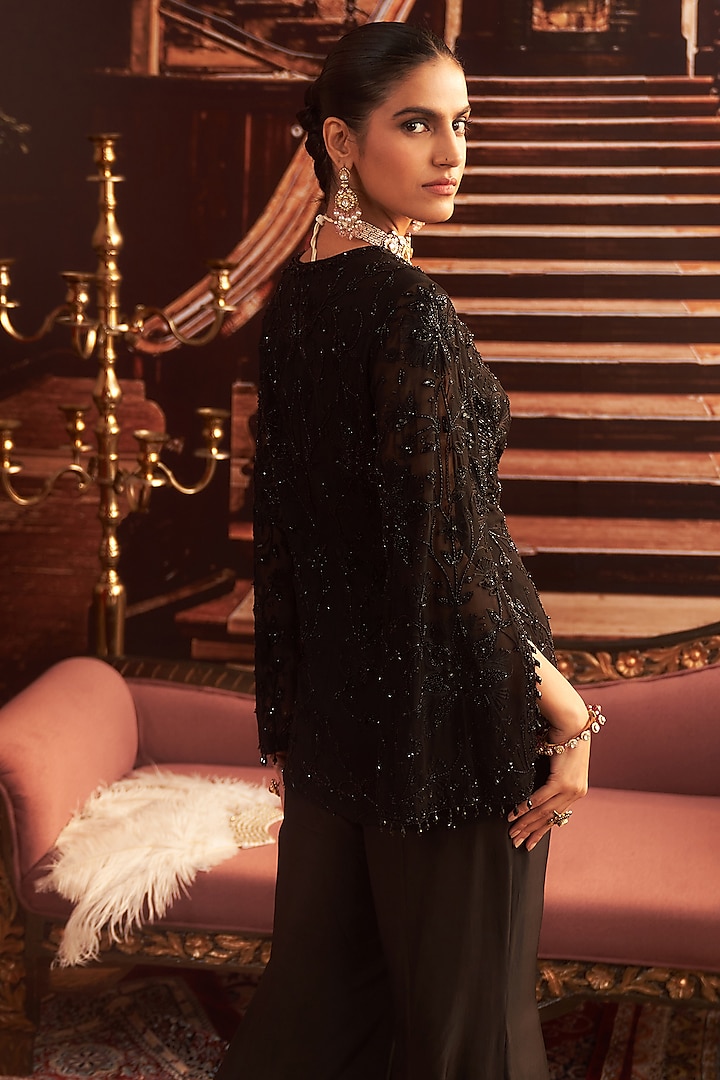 Black Georgette Embellished Jacket Set by Seema Thukral at Pernia's Pop Up Shop